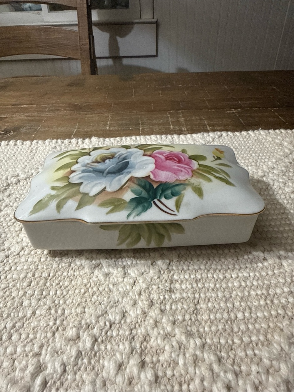 Porcelain Floral Trinket Box - White with Pink & Blue Roses